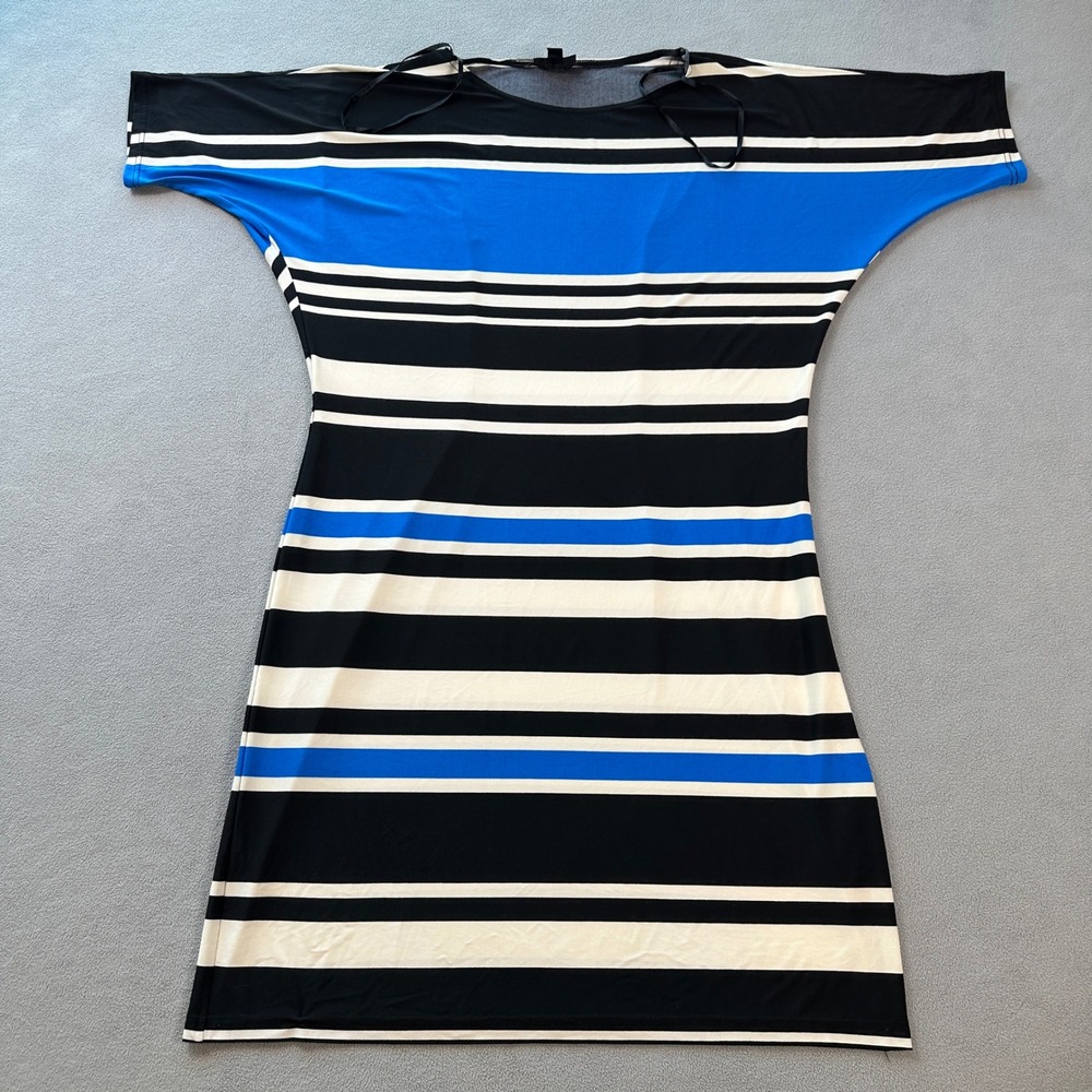 R&K Midi Dress Plus Size 1X Womens Striped Blue Black Boat Neck Dolman Sleeve‎